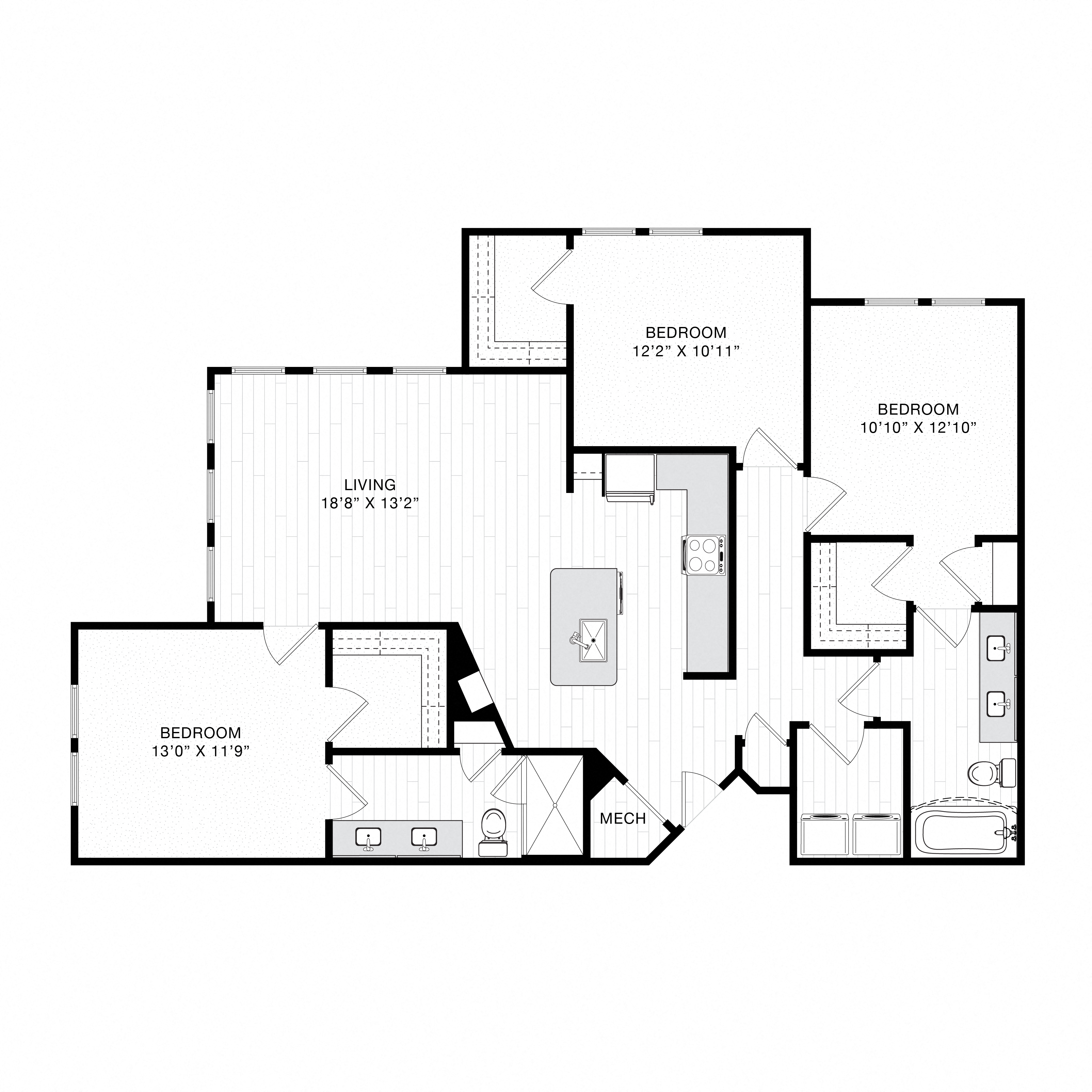 Floor plan for 3 beds, 2 baths, 1412 sqft